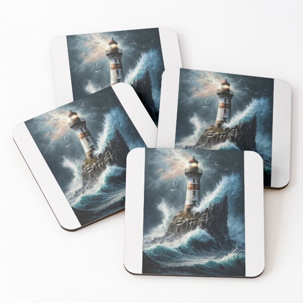 Item preview, light art of red island lighthouse in storm with seagulls designed and sold by koringaFTS.