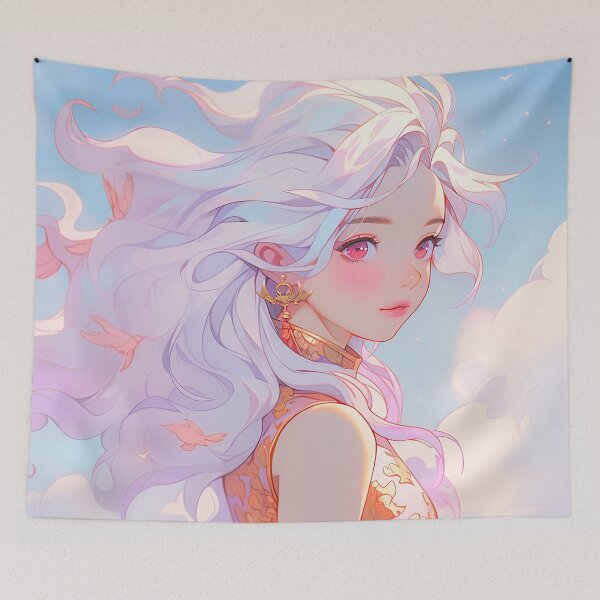 Item preview, Silver Haired Whimsical Cloud Cheongsam Anime Girl designed and sold by bubblegoth.