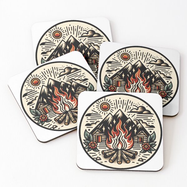 Item preview, Mountain Campfire Rustic Flash Tattoo Art Design designed and sold by BrianSaysDesign.