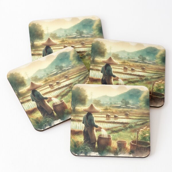Item preview, Woman Filling Water in Jar With Panorama of Woman Planting Rice designed and sold by Jeniwe.