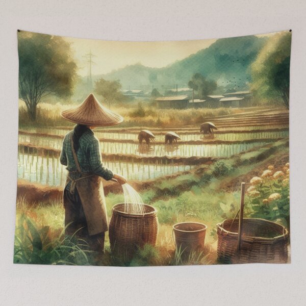Item preview, Woman Filling Water in Jar With Panorama of Woman Planting Rice designed and sold by Jeniwe.