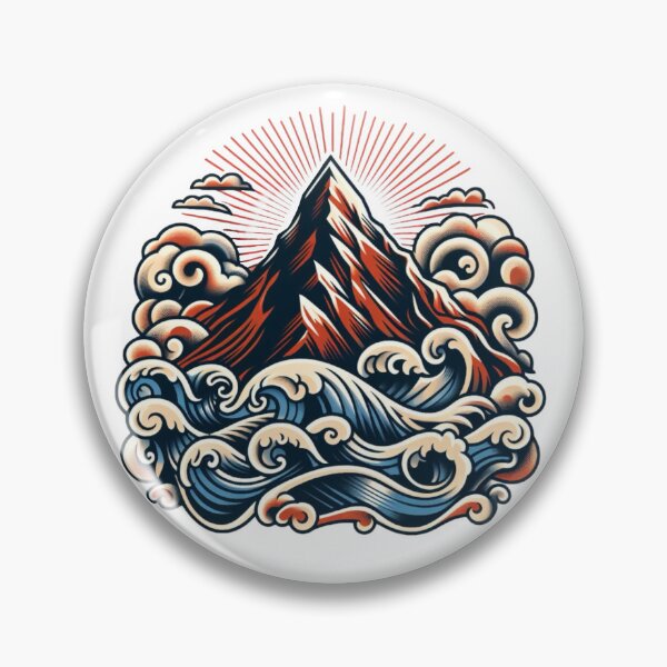 Item preview, Cloudy Mountaintop Waves Flash Tattoo Art Design designed and sold by BrianSaysDesign.