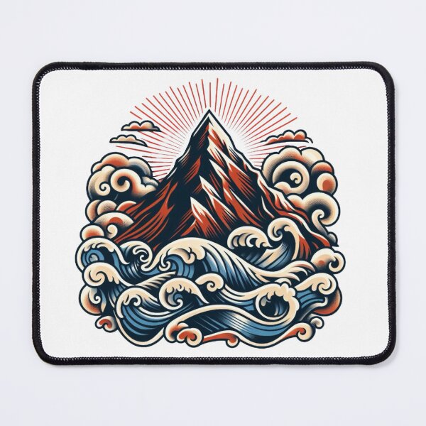 Item preview, Cloudy Mountaintop Waves Flash Tattoo Art Design designed and sold by BrianSaysDesign.