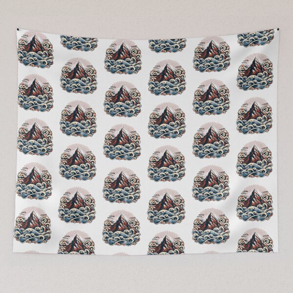Item preview, Cloudy Mountaintop Waves Flash Tattoo Art Design designed and sold by BrianSaysDesign.
