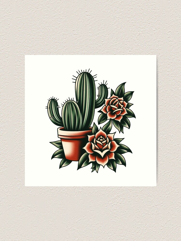 Cactus & Roses Flash Tattoo Art Design