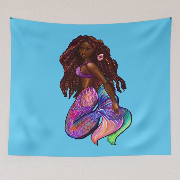 Item preview, mermaid with flowing red locs -  Afro hair and brown skin. Black mermaid designed and sold by Artonmytee.