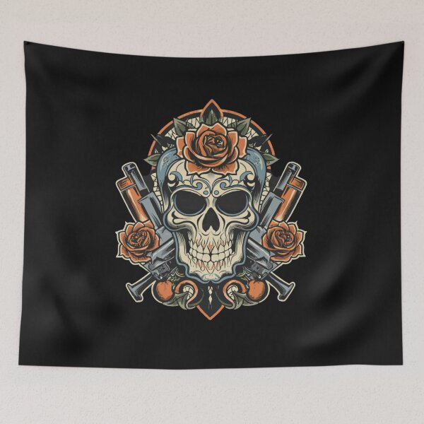 Item preview, American Traditional skull with guns and floral designed and sold by Goku Creations.