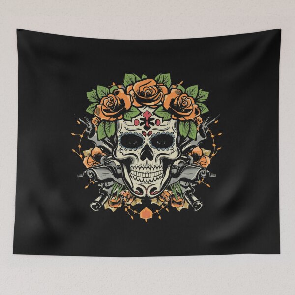 Item preview, American Traditional skull with guns and floral designed and sold by Goku Creations.