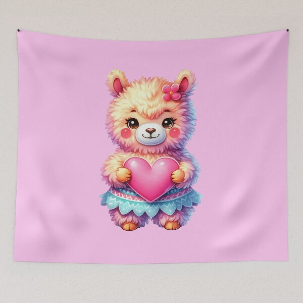 Item preview, Cute cartoon llama holding a pink heart, bright illustration on a white background, watercolor vintage style designed and sold by Niktarka.