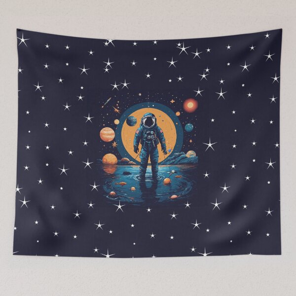 Item preview, a minimalist astronaut, fishing in the cosmic sea, with planets as bait, set against a starry backdrop. designed and sold by asbno19.