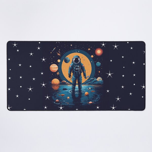 Item preview, a minimalist astronaut, fishing in the cosmic sea, with planets as bait, set against a starry backdrop. designed and sold by asbno19.