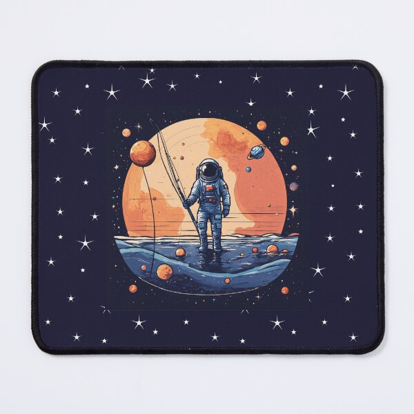 Item preview, a minimalist astronaut, fishing in the cosmic sea, with planets as bait, set against a starry backdrop. designed and sold by asbno19.