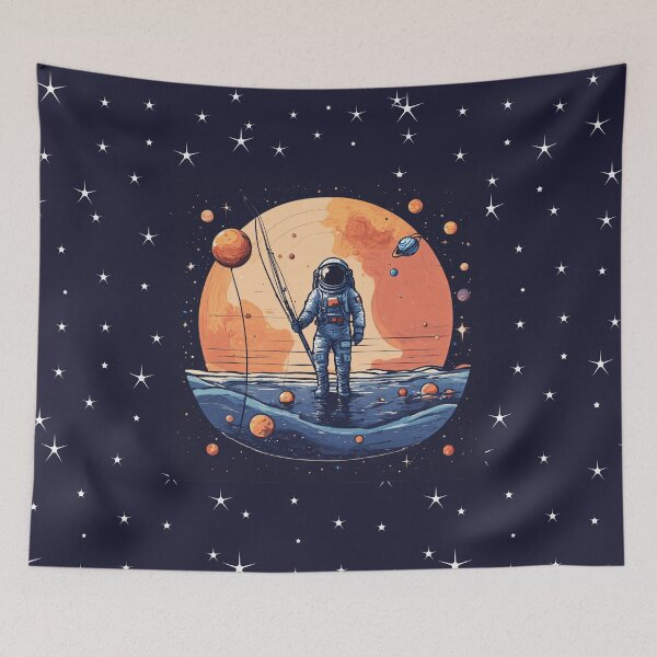 Item preview, a minimalist astronaut, fishing in the cosmic sea, with planets as bait, set against a starry backdrop. designed and sold by asbno19.
