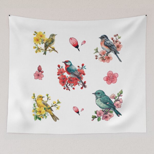 Item preview, Coloridas flores de cerezo con pájaros. designed and sold by FlowersColorful.