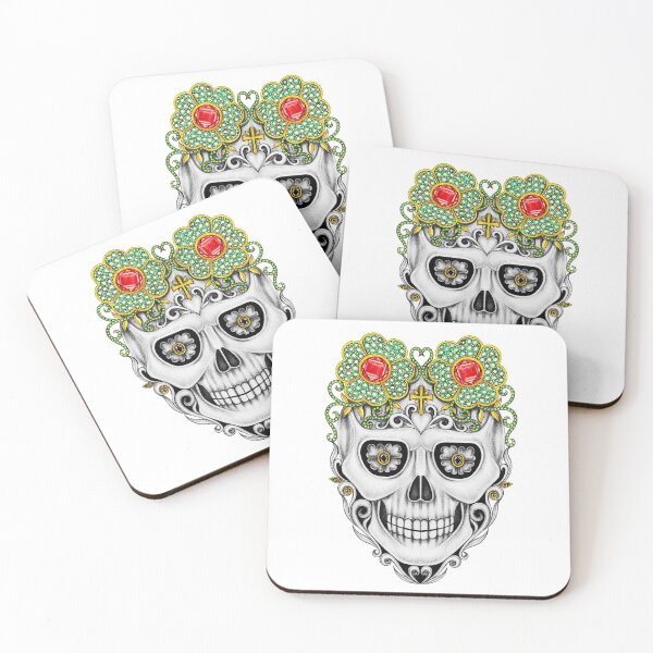 Item preview, Sugarskull vintage art set with sapphire and black diamond design day of the dead. designed and sold by Jiwsurreal.