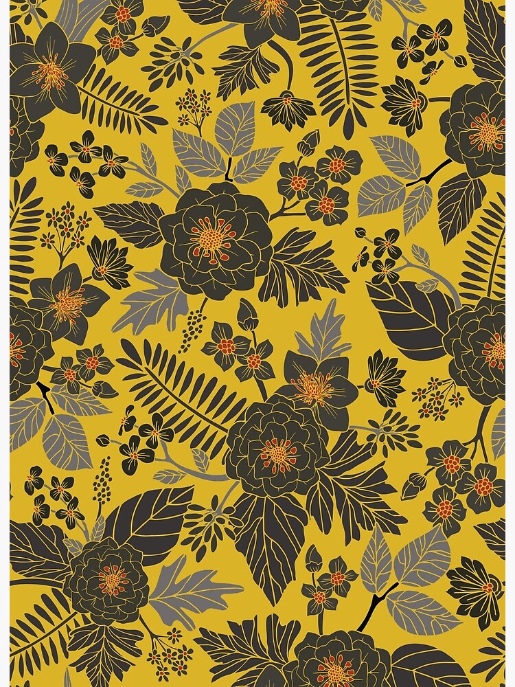 Mustard Yellow, Blue-Gray & Red Floral/Botanical Pattern | Art Board Print