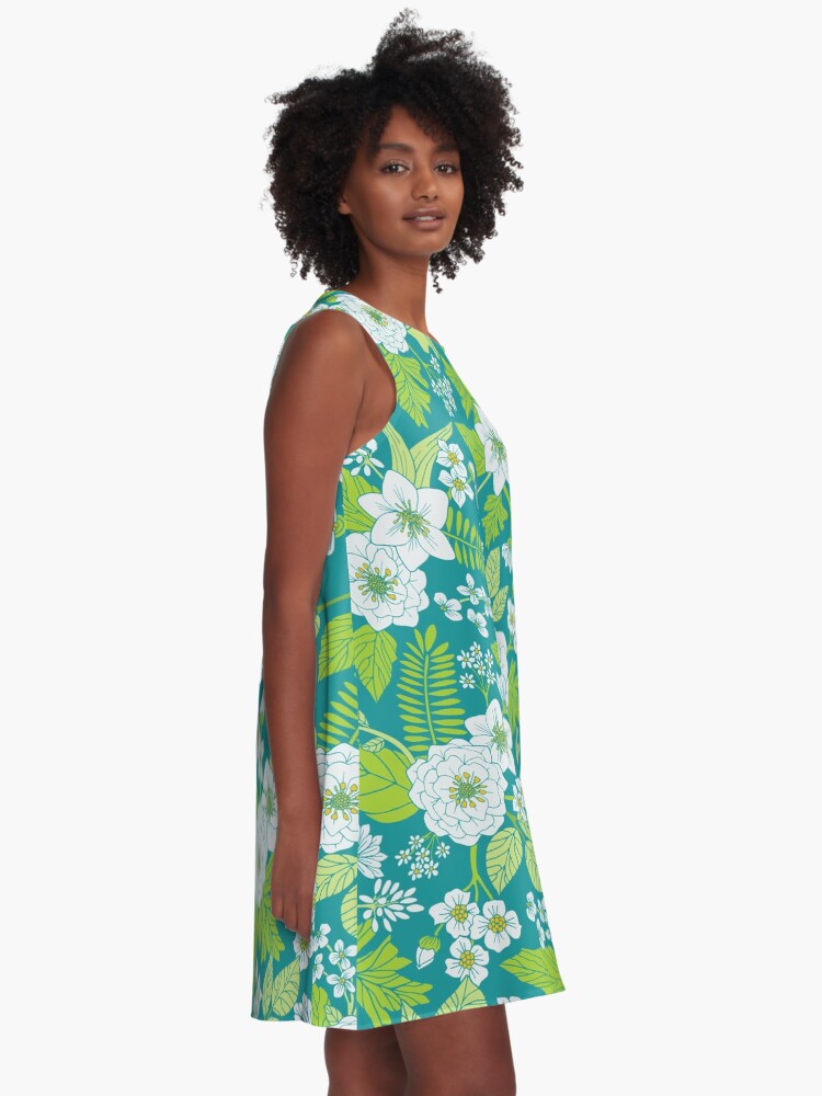 White, Lime Green, Teal, Yellow Floral/Botanical Pattern