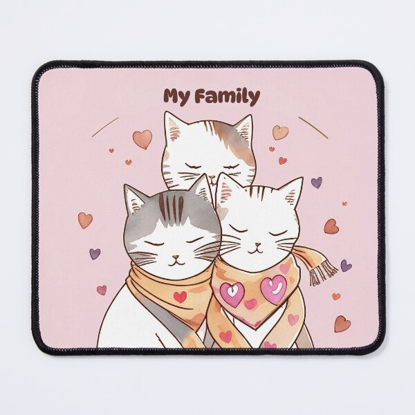 Item preview, A family of cute cats in scarves. Watercolor illustration on a pink background with hearts. designed and sold by Harmonysens.