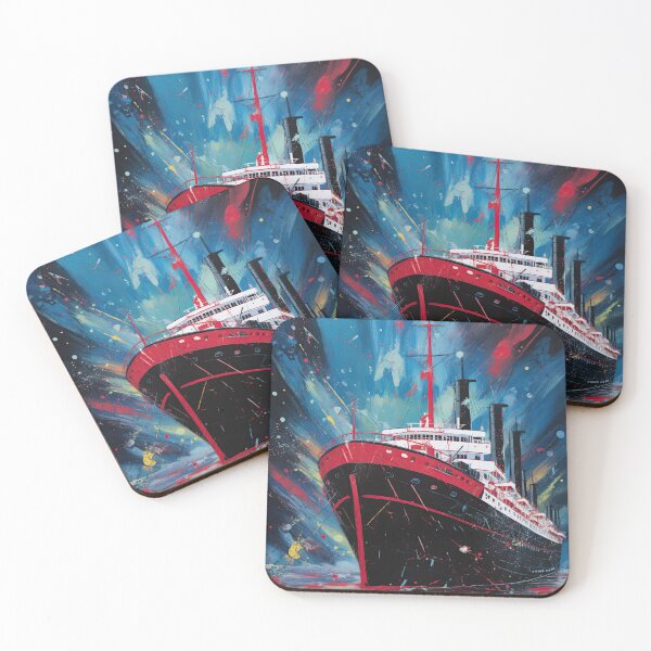 Item preview, Black steamship in dark sea with abstract multicolor splashes designed and sold by fansyartdesign.