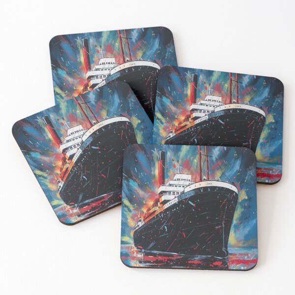 Item preview, Black steamship in the navy blue sea with abstract multicolor splashes designed and sold by fansyartdesign.