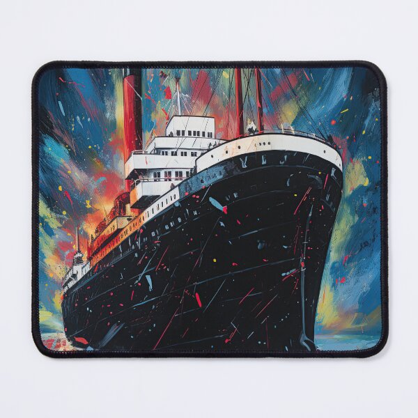 Item preview, Black steamship in the navy blue sea with abstract multicolor splashes designed and sold by fansyartdesign.