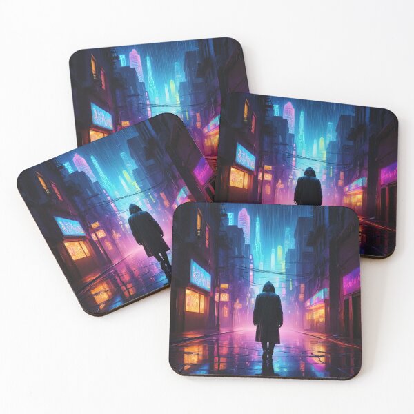 Item preview, Hooded person during rainfall in neon city street designed and sold by stevanovicigor.