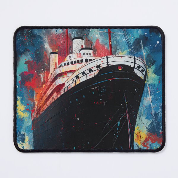 Item preview, Surreal black steamship in the navy blue sea with abstract multicolor splashes designed and sold by fansyartdesign.