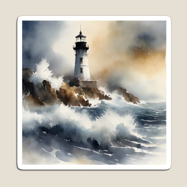 Item preview, Brave lighthouse and boat take challenge of surge wave to beat the storm, never give up hope, watercolor designed and sold by boyangyang.
