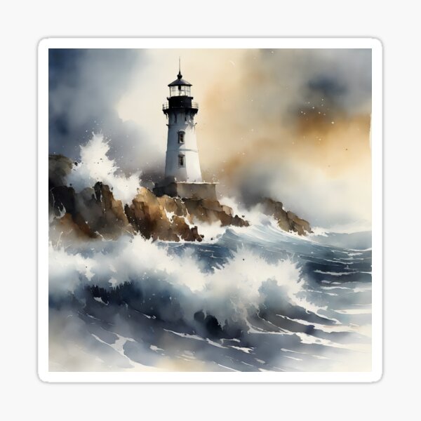 Aperçu de l'œuvre Un phare et un bateau courageux relèvent le défi de la vague pour vaincre la tempête, ne perdent jamais espoir, aquarelle créée et vendue par boyangyang.