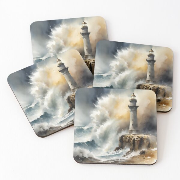 Item preview, Brave lighthouse and boat take challenge of surge wave to beat the storm, never give up hope, watercolor designed and sold by boyangyang.