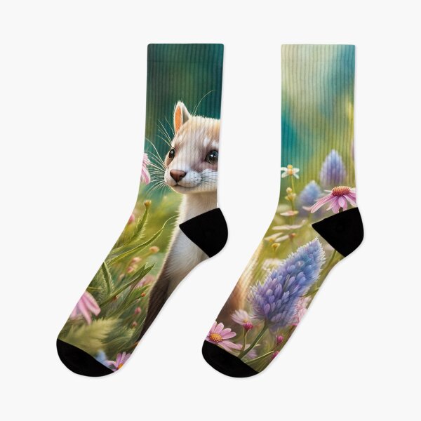 Item preview, Cute stoat/weasel/ferret/polecat stands happily in a wildflower meadow! designed and sold by Zen-Hues.
