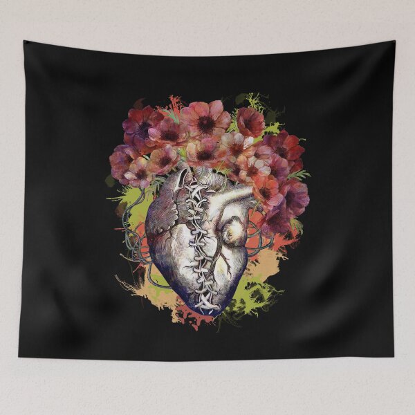 Item preview, Broken heart watercolor , floral human heart illustration art, laces, red anemones, tied heart, sewn heart designed and sold by Collagedream.