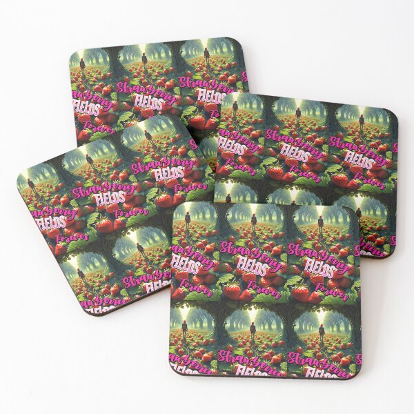 Item preview, Strawberry fields forever, field of strawberries as far as the eye can see, at the bottom of the rows of trees and the words Strawberry fields forever designed and sold by Creativesphotos.