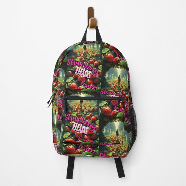 Item preview, Strawberry fields forever, field of strawberries as far as the eye can see, at the bottom of the rows of trees and the words Strawberry fields forever designed and sold by Creativesphotos.