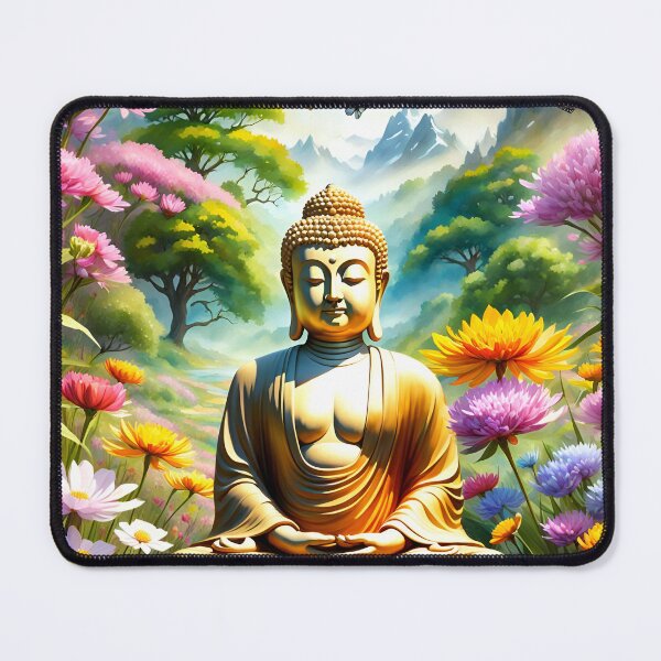 Item preview, A beautiful Buddha statue meditates in a wildflower meadow. designed and sold by Zen-Hues.