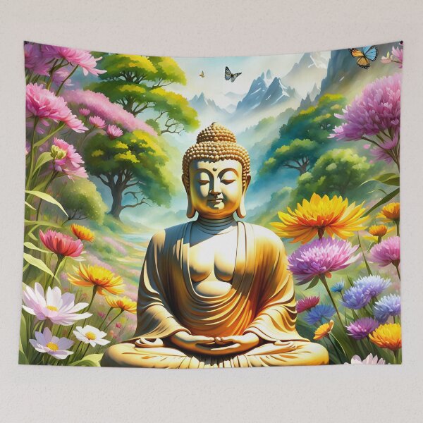 Item preview, A beautiful Buddha statue meditates in a wildflower meadow. designed and sold by Zen-Hues.