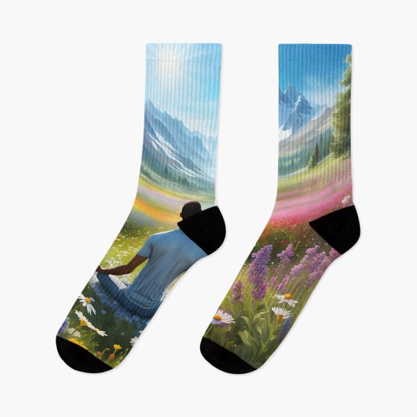 Item preview, Meditating/Praying in a wildflower meadow looking at the mountains. designed and sold by Zen-Hues.