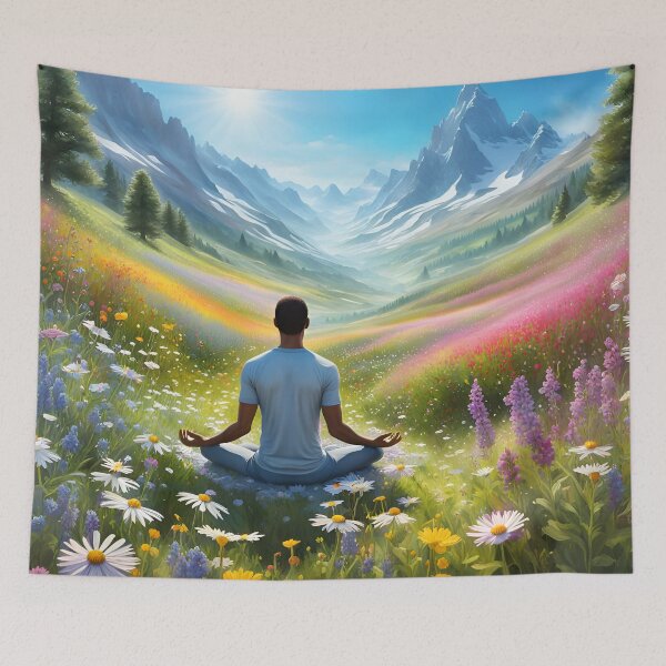 Item preview, Meditating/Praying in a wildflower meadow looking at the mountains. designed and sold by Zen-Hues.
