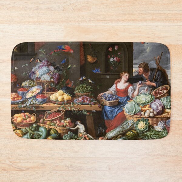 Artikelvorschau, Obst- und Gemüsemarkt mit einem jungen Obstverkäufer (1650–1660), Gemälde in hoher Auflösung von Jan van Kessel entworfen und verkauft von Suzana Djordjevic.
