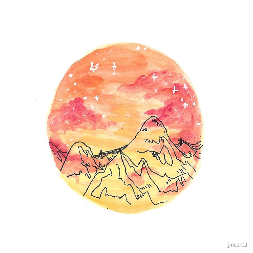 Coucher De Soleil Aquarelle étoilé Paysage De Montagne Par