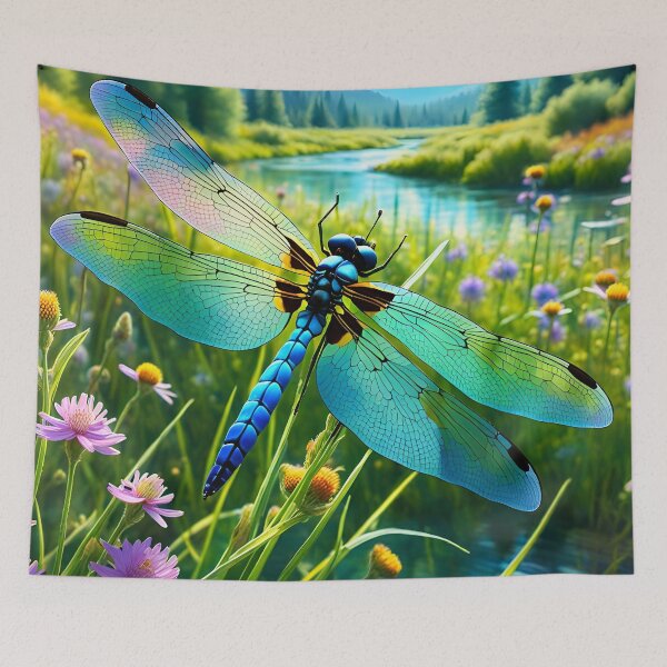 Item preview, A stunning dragonfly flies over the wildflower meadow stream. designed and sold by Zen-Hues.