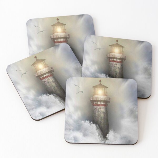 Item preview, sturdy lighthouse art amidst storm waves with lights among seagulls designed and sold by koringaFTS.