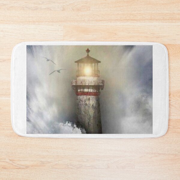 Item preview, sturdy lighthouse art amidst storm waves with lights among seagulls designed and sold by koringaFTS.