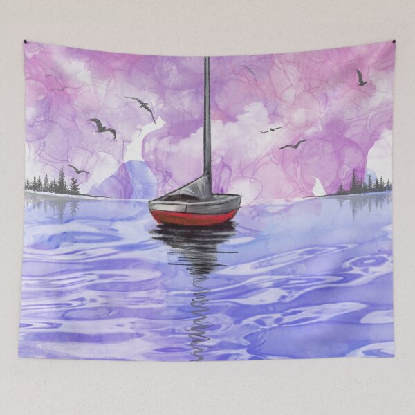 Item preview, sailboat cartoon, modern yacht on the ocean designed and sold by wrightsonarts.