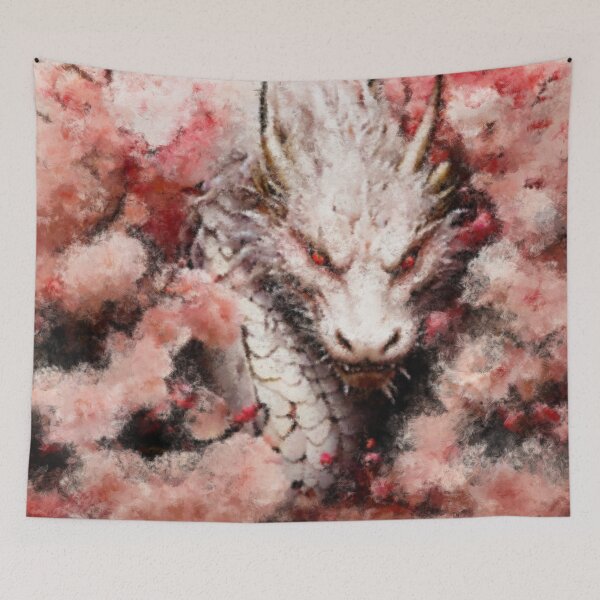 Item preview, Dragon Painting Japanese White Dragon Cherry Blossoms Digital Oil Painting Wall Art designed and sold by Jay Scovel.