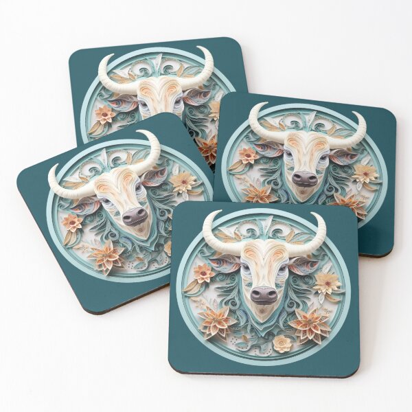 Artikelvorschau, Stier-Rinderkopf – Blaugrün und Orange – Quilled-Papierkunstwerk entworfen und verkauft von Food Lover Art.