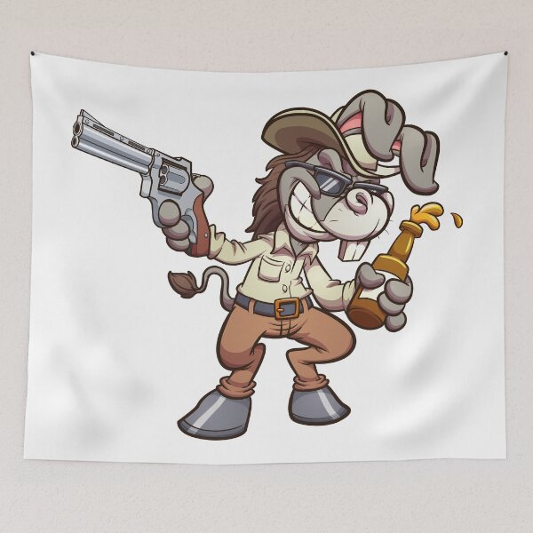Item preview, Drunk cartoon cowboy donkey holding a beer and a gun designed and sold by Faissal Thomass.