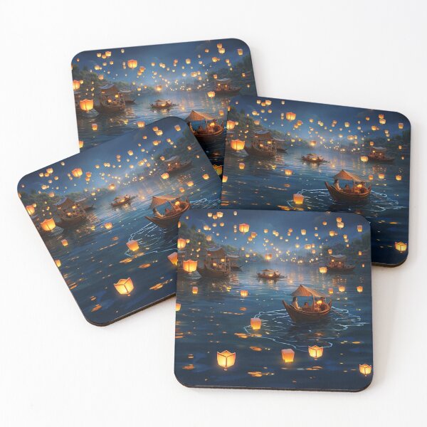 Item preview, Lanterns in and above lake with boats designed and sold by zand-n-zive.