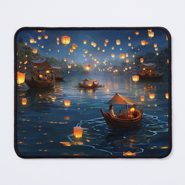 Item preview, Lanterns in and above lake with boats designed and sold by zand-n-zive.