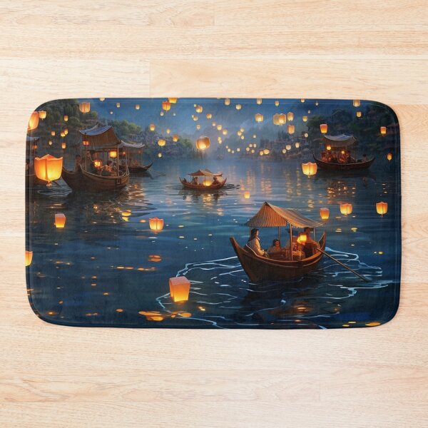 Item preview, Lanterns in and above lake with boats designed and sold by zand-n-zive.